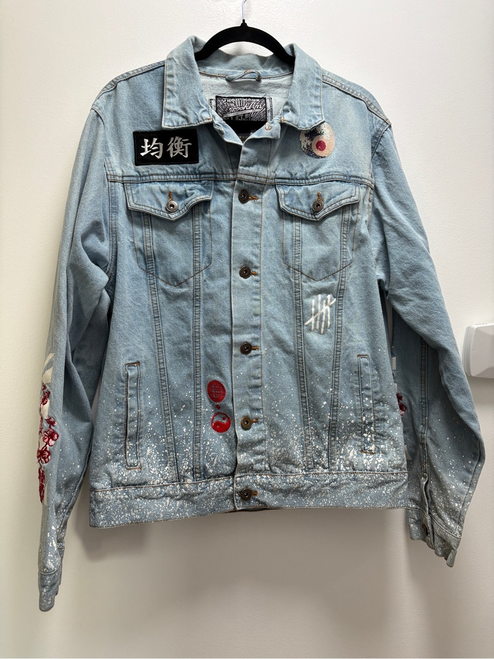 Brooklyn Cloth Light Blue Distressed Denim Jacket with Embroidered Patches